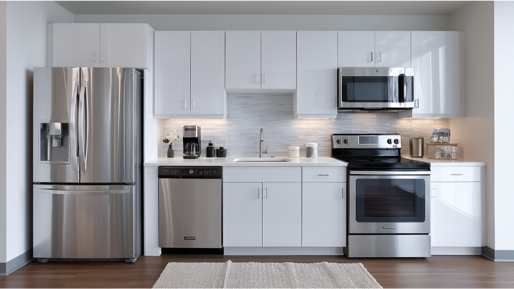 A sleek, minimalist kitchen with glossy white cabinets, stainless steel appliances, and a subtle tile backsplash.

