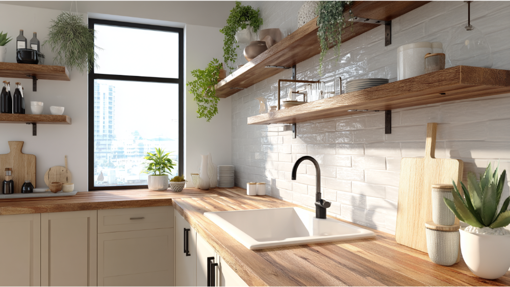 A modern kitchen with wood countertops, open shelving, white tile backsplash, and plenty of natural light from a large window.