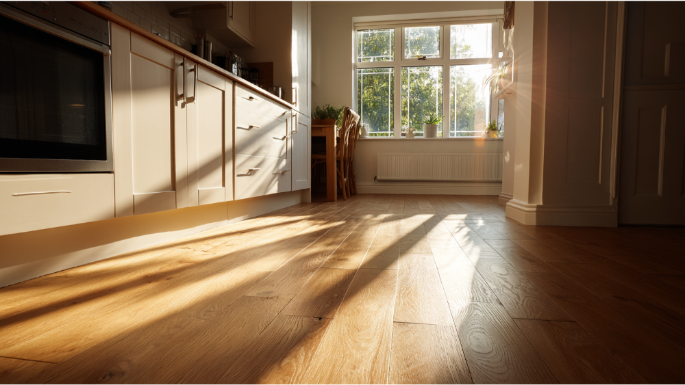 A bright kitchen with light cabinetry and medium oak hardwood flooring, bathed in natural sunlight from large windows.