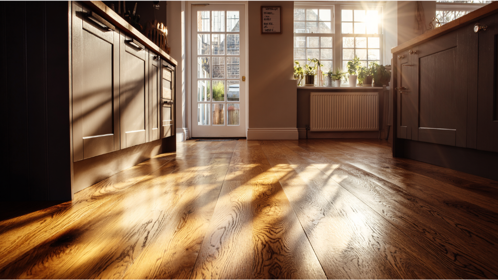  A cozy kitchen with dark cabinetry and warm-toned hardwood floors, with sunlight streaming through the windows.