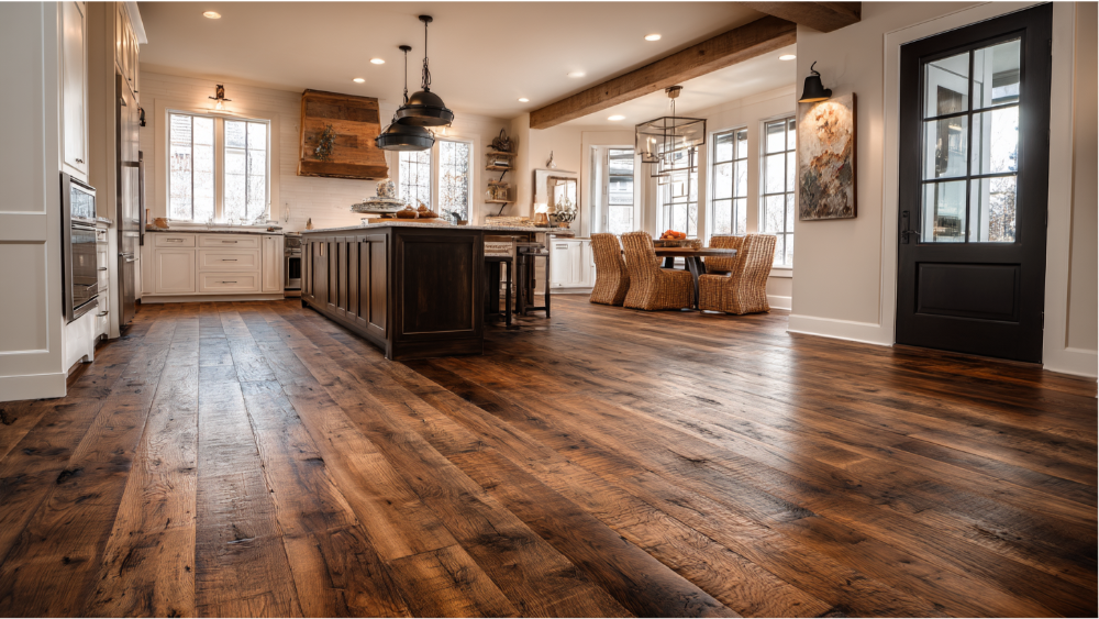 A wide-angle view of a rustic kitchen with rich, distressed wide-plank hardwood flooring and farmhouse-inspired decor.