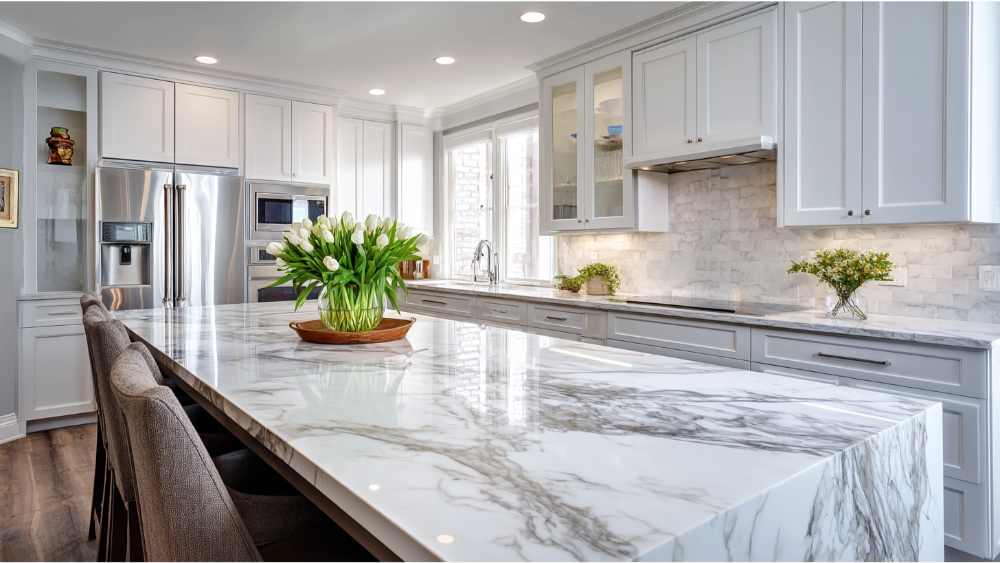 A bright kitchen with white cabinetry, marble waterfall island, and stainless steel appliances, decorated with fresh tulips and natural light.