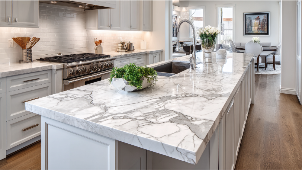 A spacious kitchen featuring a marble countertop island, white cabinetry, stainless steel appliances, and elegant decor.